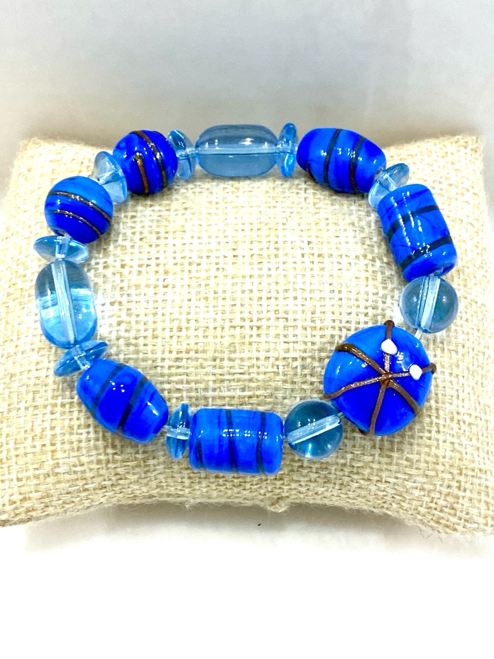 Vintage Artisan Cobalt Blue Glass Bead Stretch Bracelet Handmade Lampwork & Foil
